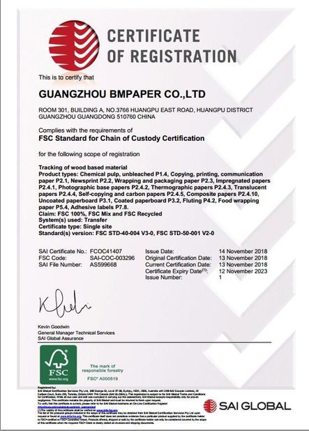 China GUANGZHOU BMPAPER CO., LTD. Zertifizierungen